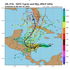 Models propose many different paths for Eta over time.  Image: tropicaltidbits.com