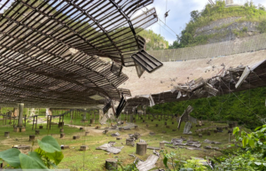 A photo from August 11, 2020 shows damage sustained when the first of two cables failed at the radio telescope site. Image: Arecibo Observatory