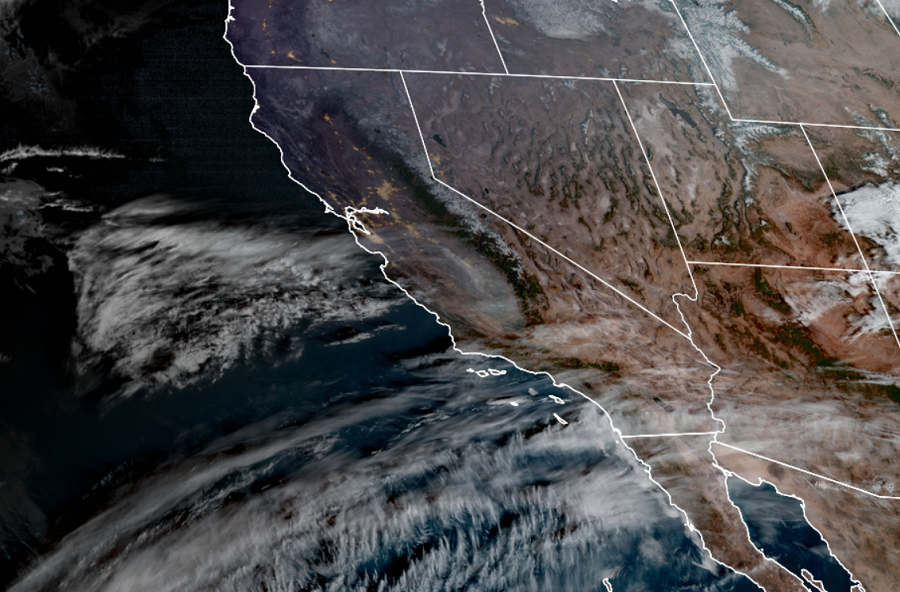 Current satellite image of California from the GOES-West weather satellite. Image: NOAA