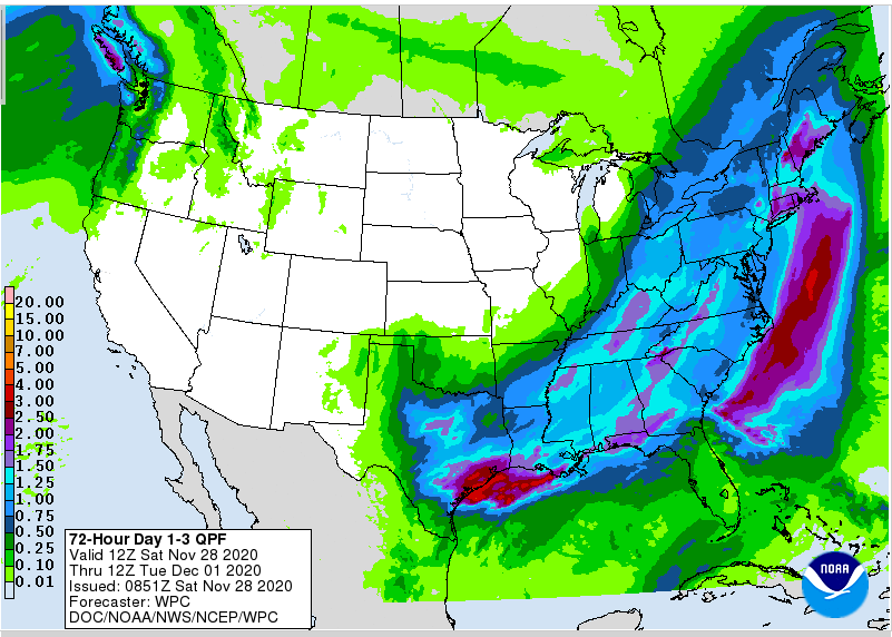 Heavy precipitation will fall over the eastern U.S. over the next 36 hours; some of this precipitation will fall as snow over the Ohio Valley and northern Appalachians.  Image: NWS