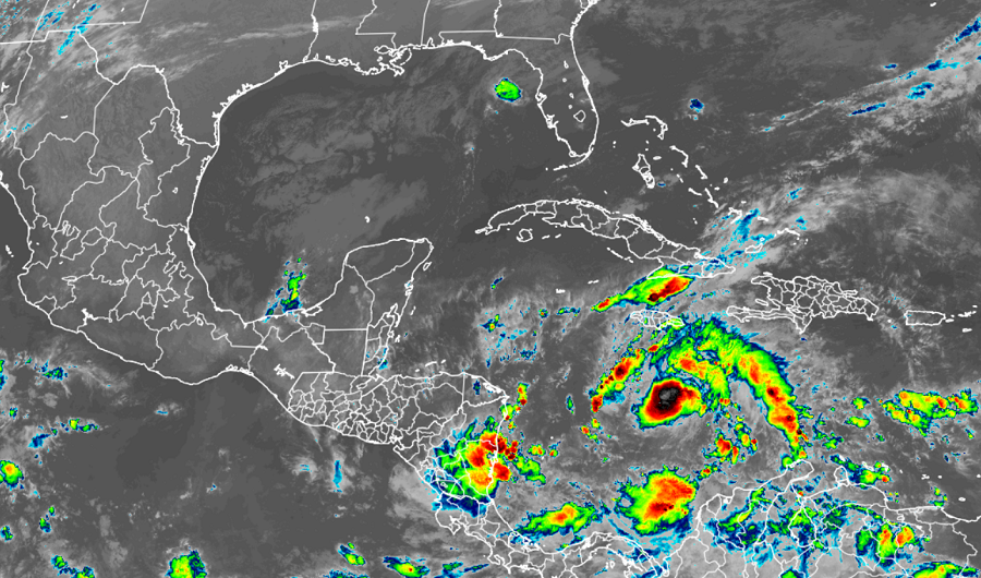 Tropical Storm Eta is in the Caribbean Sea south of Jamaica.  Image: NOAA