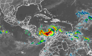Latest GOES-East weather satellite view shows Iota developing in the Caribbean. Image: NOAA