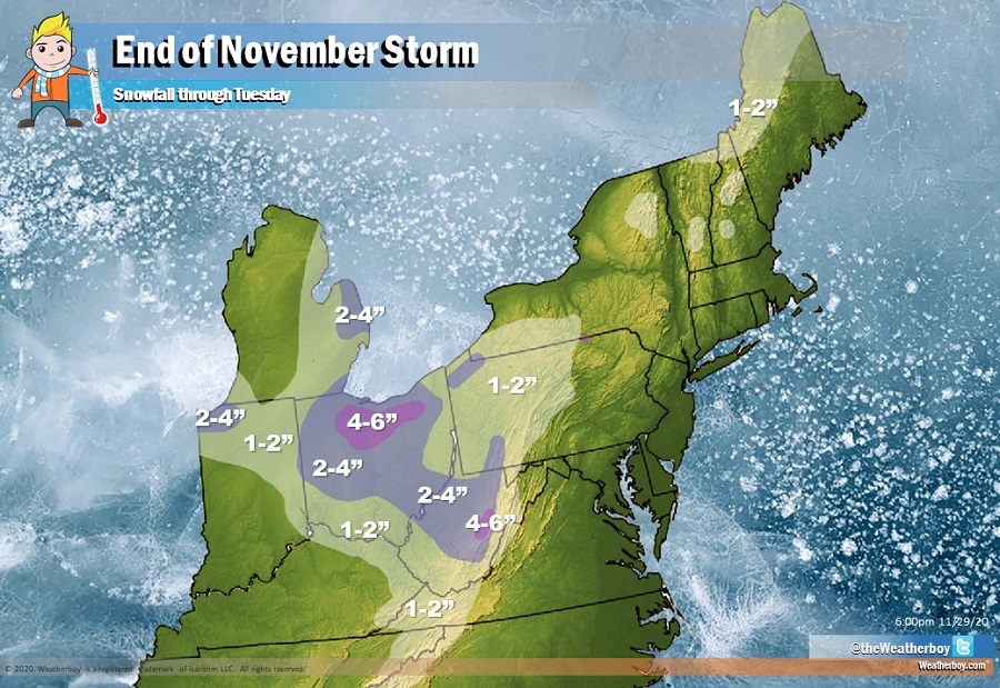 Up to 4-6" of snow will fall by Tuesday morning in portions of Ohio and West Virginia.  Image: Weatherboy