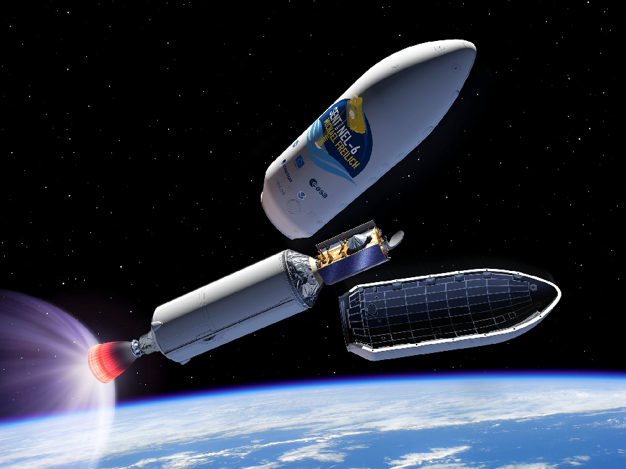Artist rendering of the Sentinel-6 as the SpaceX Falcon 9 fairing is released in space. Image: ESA / P. Carril