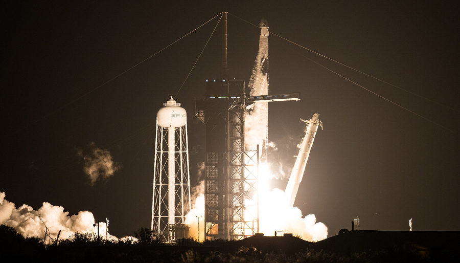 A SpaceX Falcon 9 rocket carrying the company's Crew Dragon spacecraft is launched on NASA’s SpaceX Crew-1 mission to the International Space Station on Sunday. Image: NASA / Joel Kowsky
