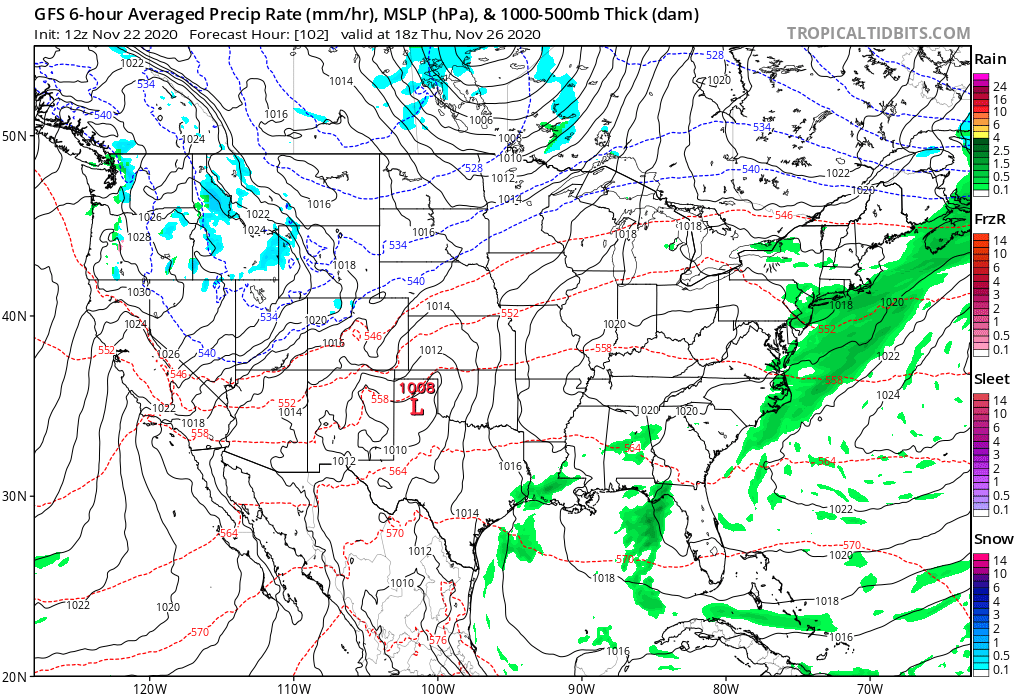 Based on the American GFS forecast model, precipitation on Thanksgiving afternoon will be limited to portions of the eastern U.S., the Gulf Coast, and the Pacific Northwest. Image: tropicaltidbits.com