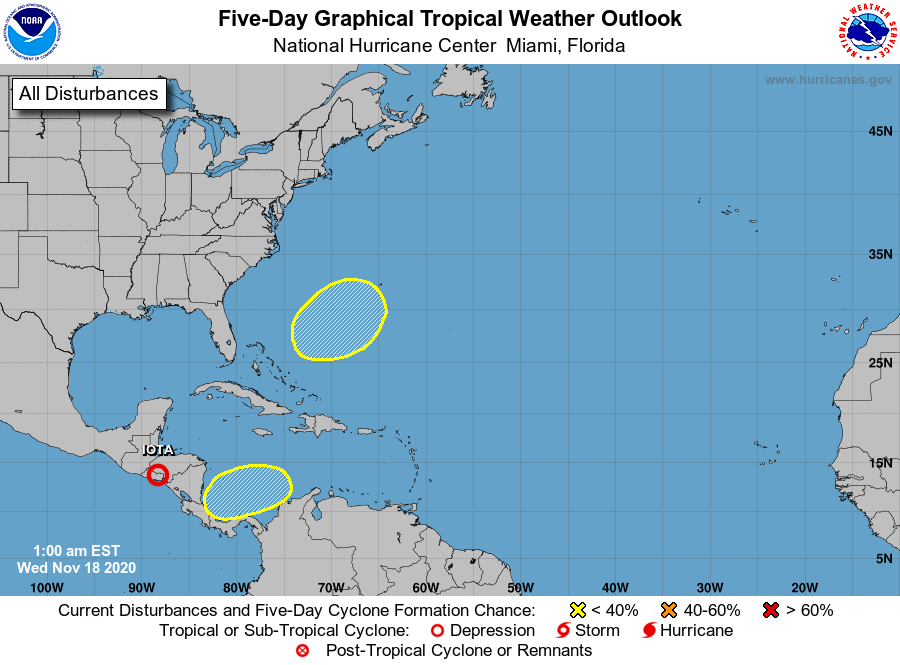 The National Hurricane Center is monitoring two areas that may become cyclones in the coming days in the tropics. Image: NHC