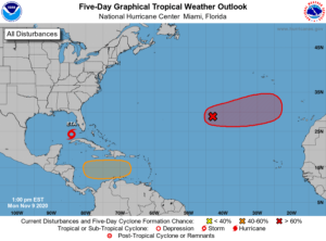 Beyond Eta, there are two other areas in the Atlantic basin being monitored for tropical cyclone formation. Image: NHC