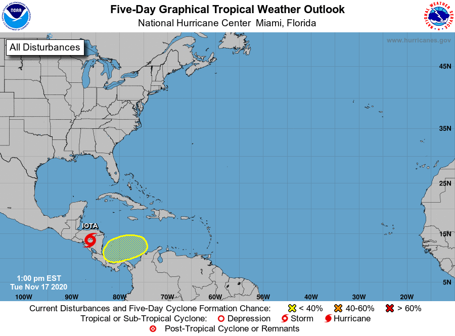 While Iota moves deeper into Central America, a new area shaded in yellow is being monitored for tropical cyclone development. Image: NHC