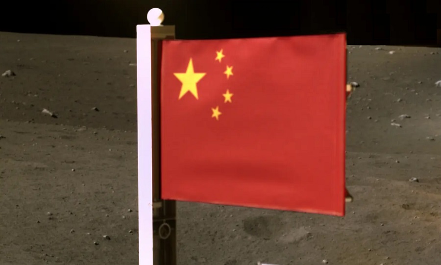 China's national flag is seen on the moon in this view provided by the Chang'e-5 spacecraft. Image: CNSA