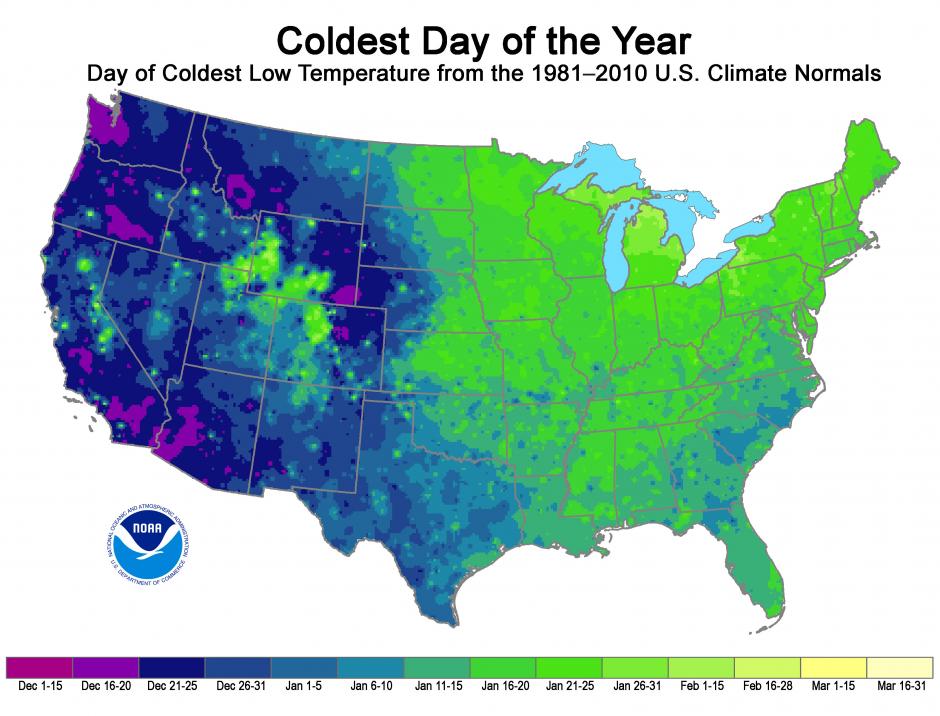 Map illustrating when the coldest day of the year typically arrives based on weather records from 1981-2010. Image: NWS
