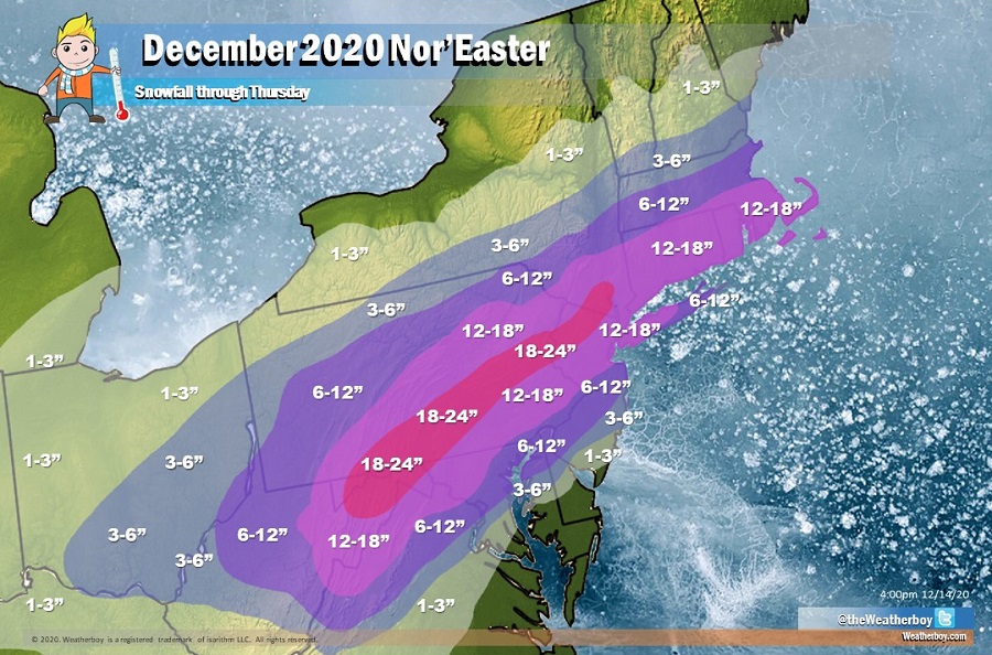 Up to 2' of snow could fall from a powerful nor'easter by the time it exits the coast on Thursday. Image: Weatherboy
