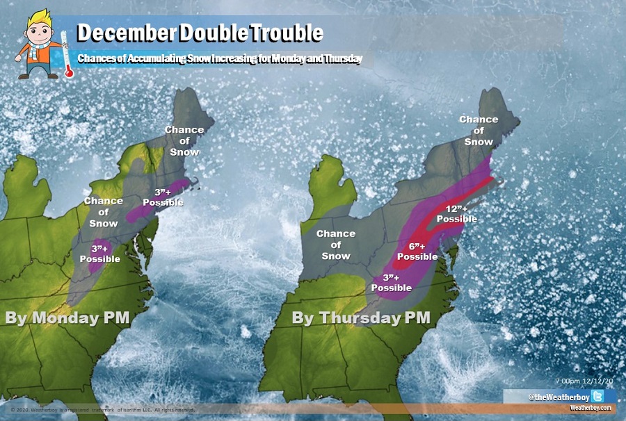 Two storm systems could bring a variety of precipitation to the eastern U.S. including the heaviest snowfall of the season by Wednesday and Thursday. Image: Weatherboy