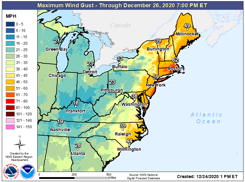 Damaging winds are likely along a large part of the eastern U.S. later tonight into early tomorrow. Image: NWS