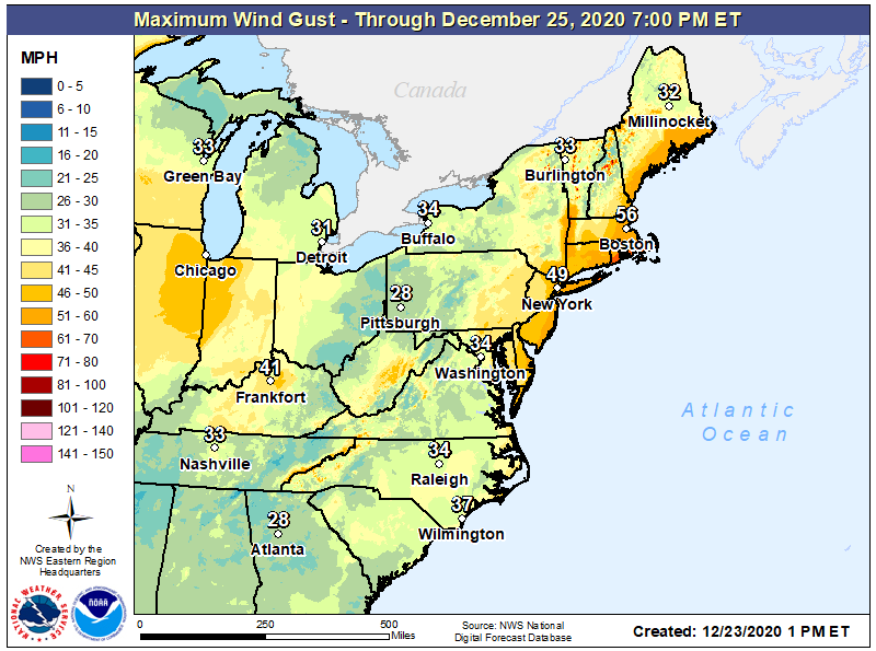 Wind gusts greater than 60 mph are possible at the coast; strong winds are also expected far inland.  Image: NWS