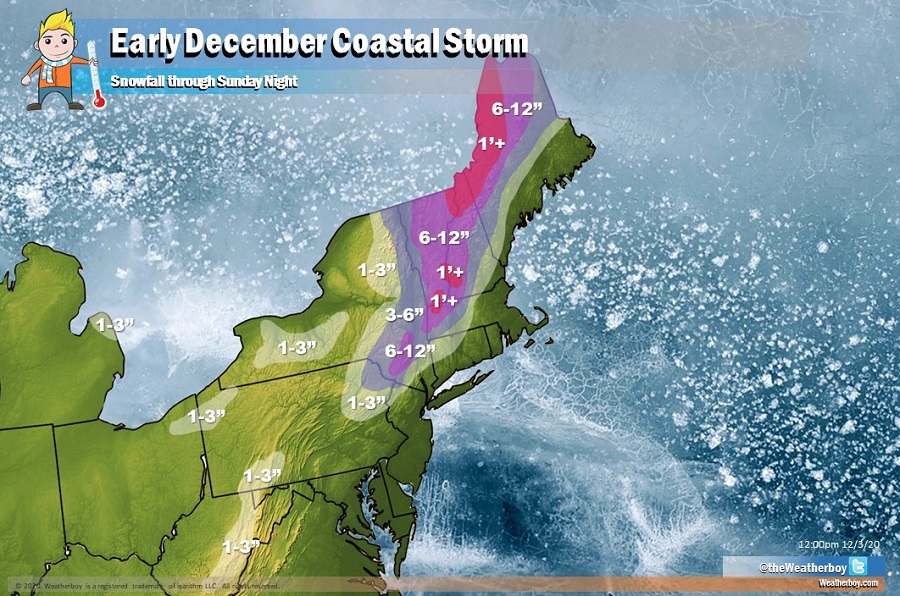 As much as a foot or more of snow is possible this weekend from a coastal storm expected to move into the northeastern U,S, this weekend. Image: weatherboy.com