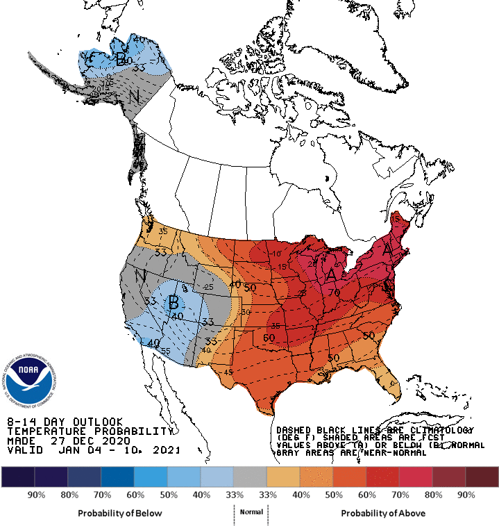 The temperature outlook for early/mid January for much of the U.S. is warmer than normal. Image: NWS