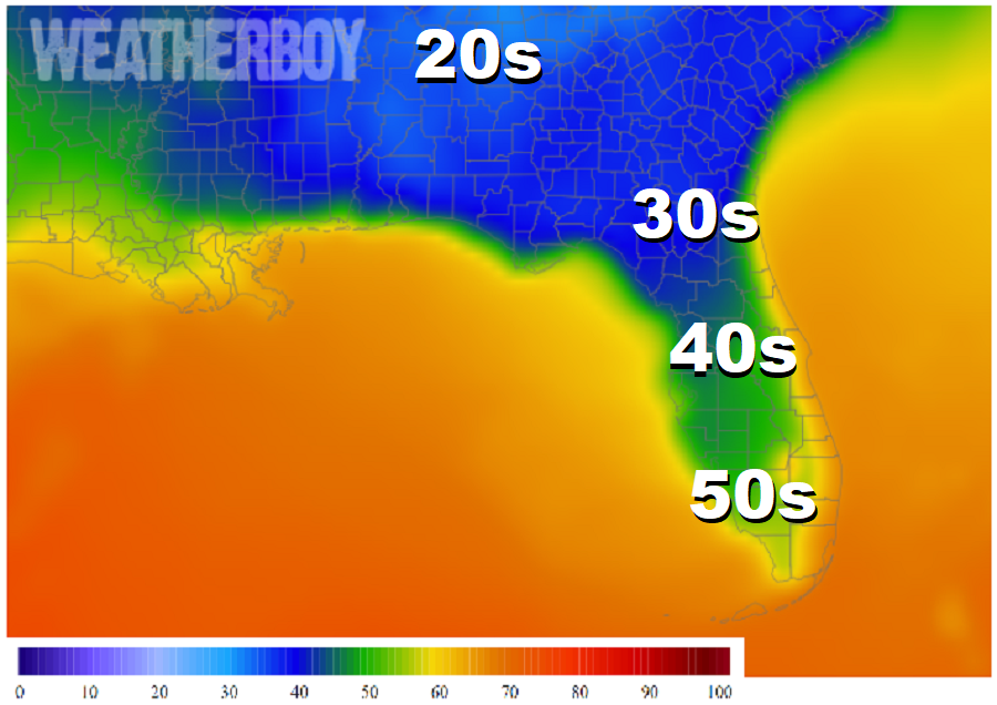 Cold air will dip deep into Florida tonight.  Image: weatherboy.com