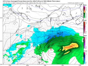 The overnight run of the American GFS forecast model is suggesting a coastal storm will impact portions of the Mid Atlantic and Northeast this week. This frame is a simulated RADAR view for Wednesday night based on that model data. Image: tropicaltidbits.com