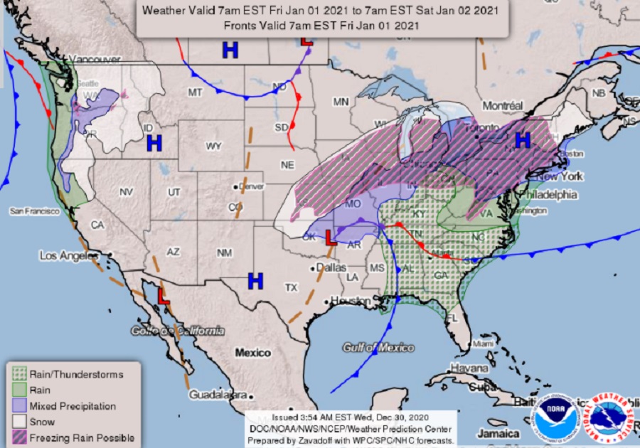 A large storm system in the eastern United States will spread snow, rain, and an icy mix across a large area. Image: NWS