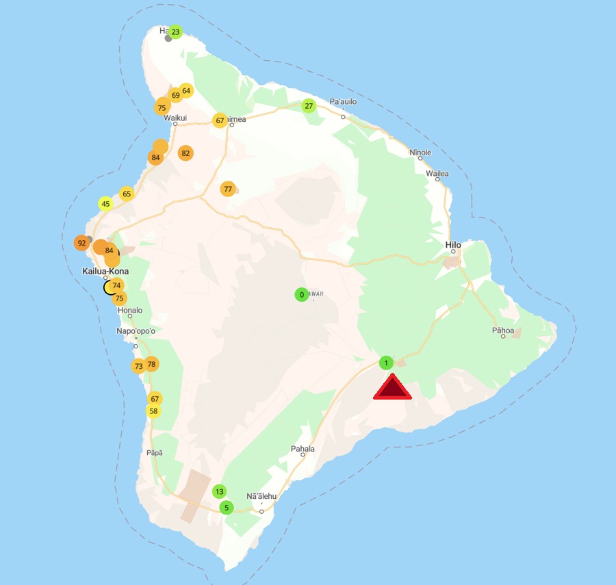 A PurpleAir map for the evening of December 28 shows stations reporting high amounts of vog far from the erupting volcano along Hawaii Island's west coast. Image: PurpleAir.com