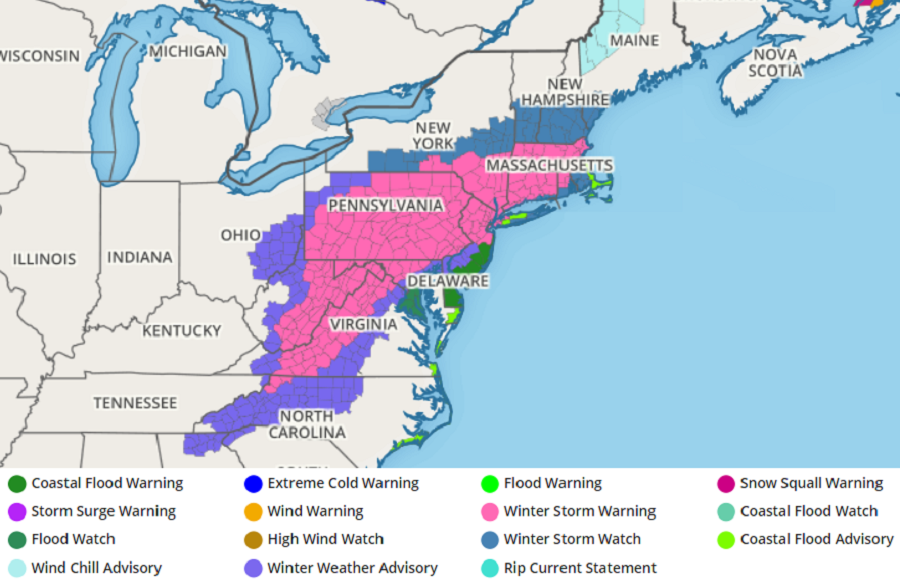 Winter Storm Warnings have been extended into Central New Jersey, the New York City metro area, and into southern New England.  Image: weatherboy.com
