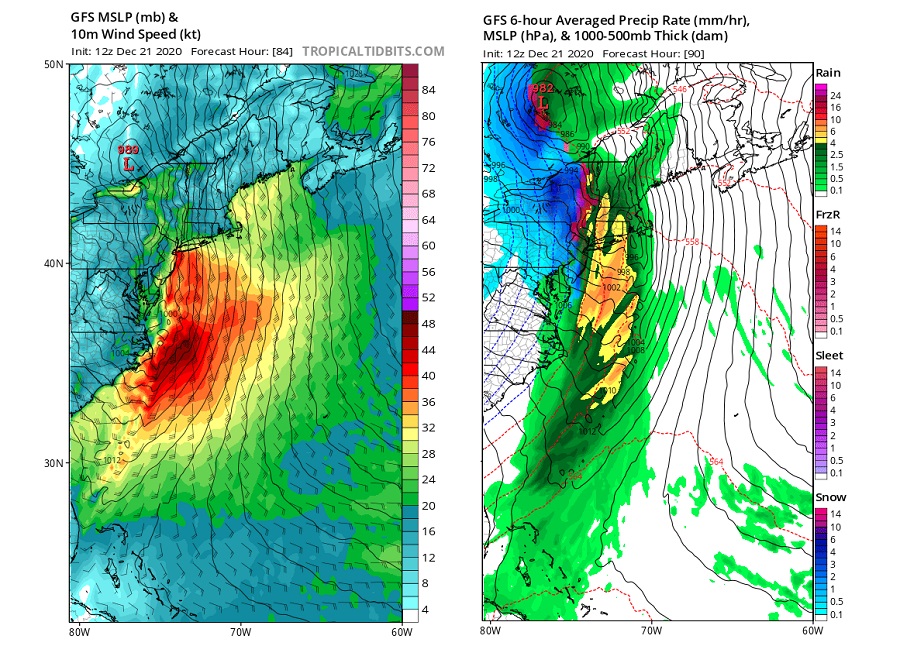 The American GFS computer forecast model suggests plenty of winds associated with the arrival and passage of the frontal system Christmas Eve / Christmas Day. It also shows heavy rain and the threat of strong thunderstorms too for some. Image: tropicaltidbits.com