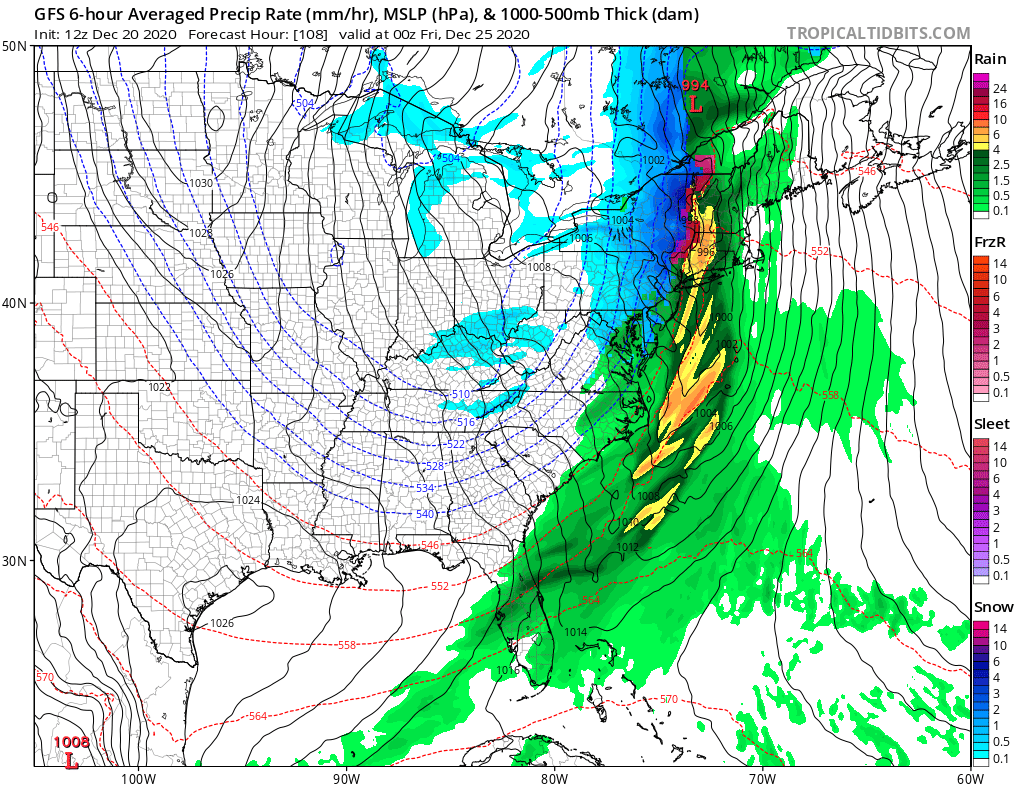 Models, including the latest American GFS computer forecast model, suggest a storm system will bring gusty winds and precipitation to the Eastern U.S. Christmas Eve and Christmas Day. Image: tropicaltidbits.com