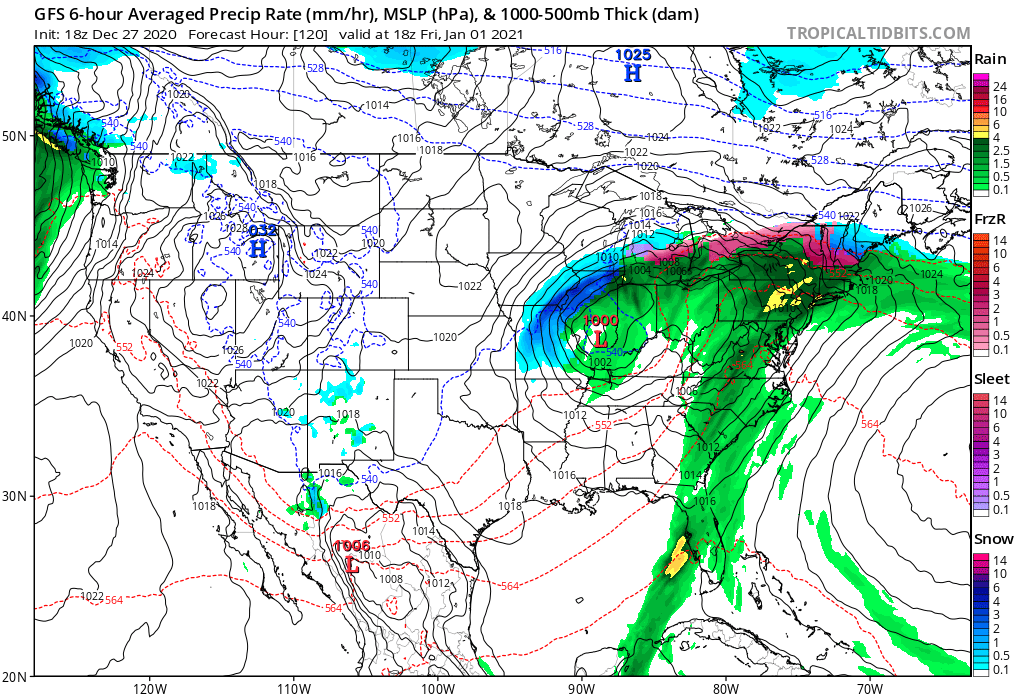Latest American GFS forecast model shows heavy precipitation across a wide area of the eastern U.S. on New Year's Day. Image: tropicaltidbits.com