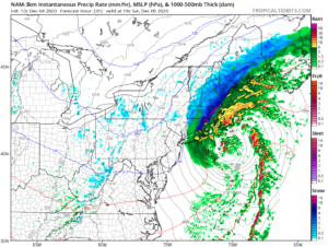 RADAR simulation based on NAM computer forecast model data shows the storm moving through New England tomorrow. Blue is snow while green is rain; yellow/orange/red are heavy bands of rain. Image: tropicaltidbits.com