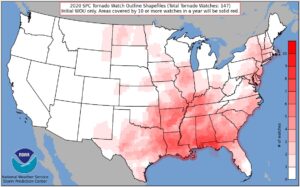 The darker a red area is on the map, the more Tornado Watches they were under in 2020. Image: NWS