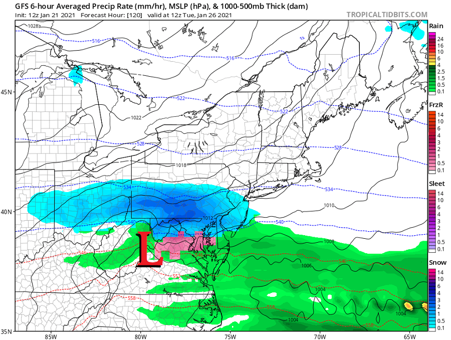 This latest American GFS computer model run, like the last European ECMWF computer model run, shows an area of low pressure bringing snow to the Mid Atlantic Monday and Tuesday. Image: tropicaltidbits.com