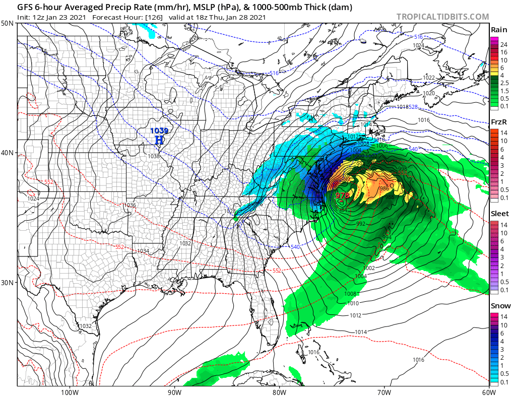 The afternoon run of the American GFS computer forecast model depicts a significant storm on the Mid Atlantic coast by Thursday. Image: tropicaltidbits.com