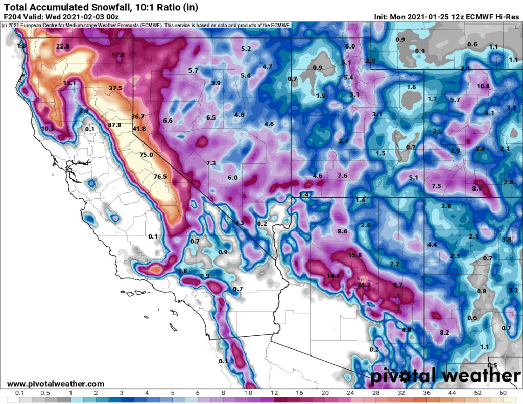 Extremely heavy snow of 5-10' or more is possible over the next week in portions of California as an atmospheric river event unfolds. Image: pivotalweather.com