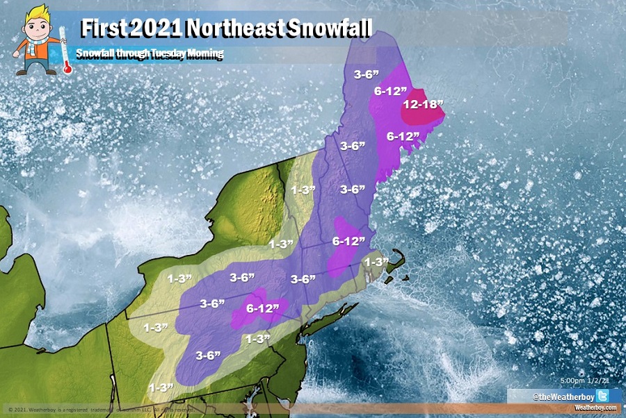 Latest expected snowfall map for the first snow event in the northeast for 2021. Image: Weatherboy