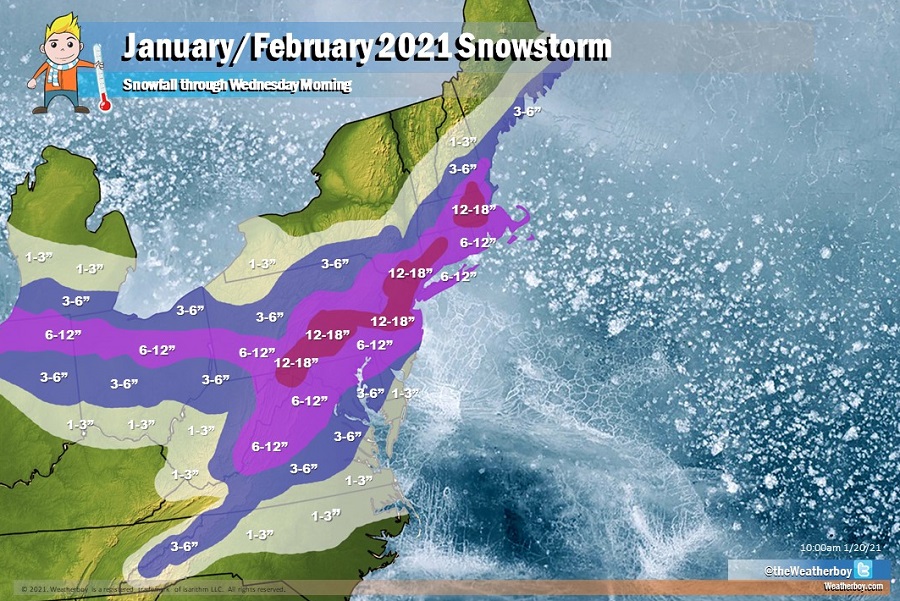 Latest snowfall forecast from Sunday through Wednesday morning in the Mid Atlantic and Northeast. Image: Weatherboy
