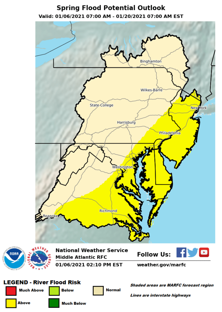 The first flood outlook from the National Weather Service's Mid Atlantic River Forecast Center shows a higher than normal risk in yellow.  Image: NWS