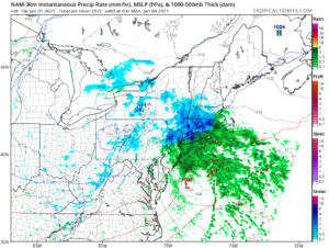This particular computer forecast model (NAM), suggests a compact snowstorm could form on Sunday/Monday in the northeast. Image: tropicaltidbits.com