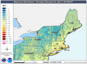 While a widespread damaging wind event is not expected, gusty winds are still likely across the Jersey shore, Long Island, and southeastern and eastern New England. Image: NWS