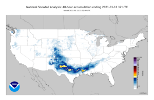 Significant snow fell over portions of the south over the last 48 hours. Image: NWS