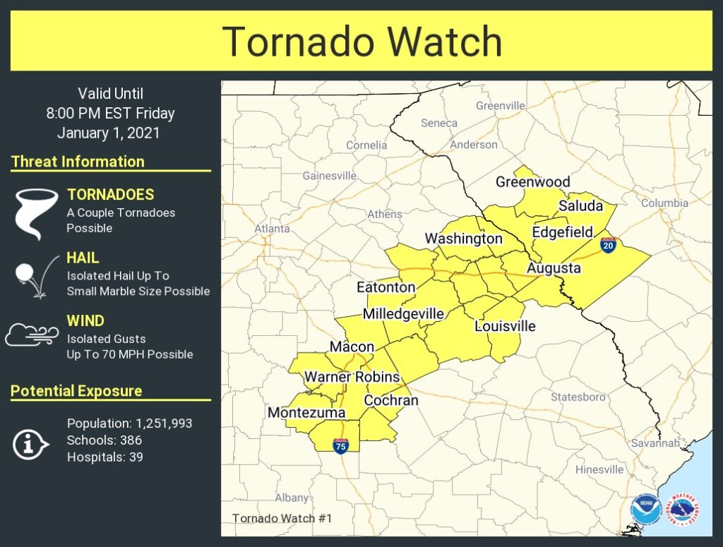 The first Tornado Watch of 2021 was issued for portions of Georgia and South Carolina on January 1. Image: NWS