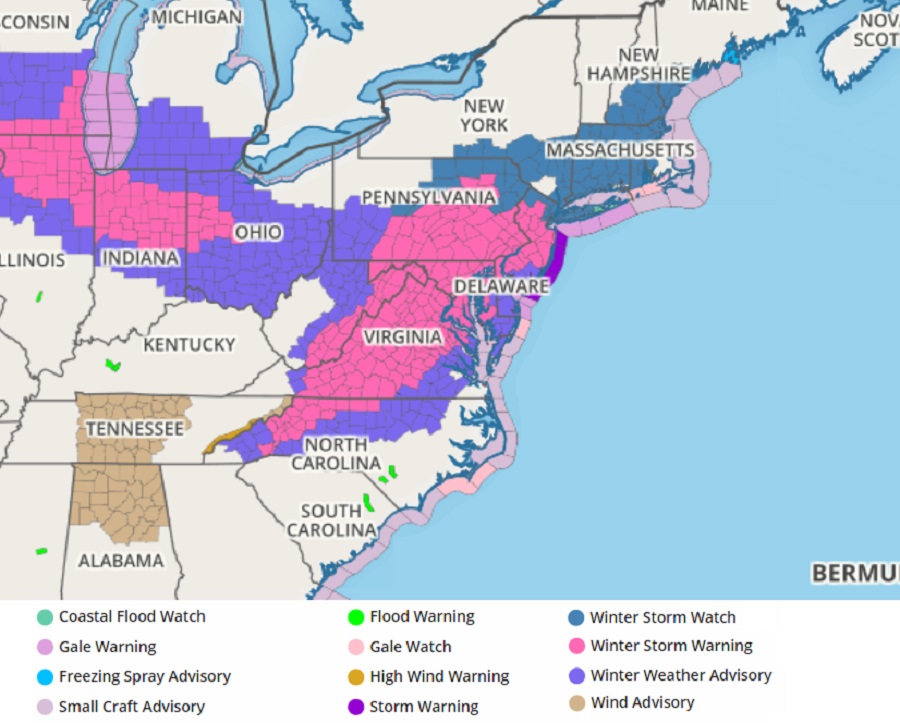 Winter Storm Warnings in bright pink continue to be issued by the National Weather Service. Image: weatherboy.com
