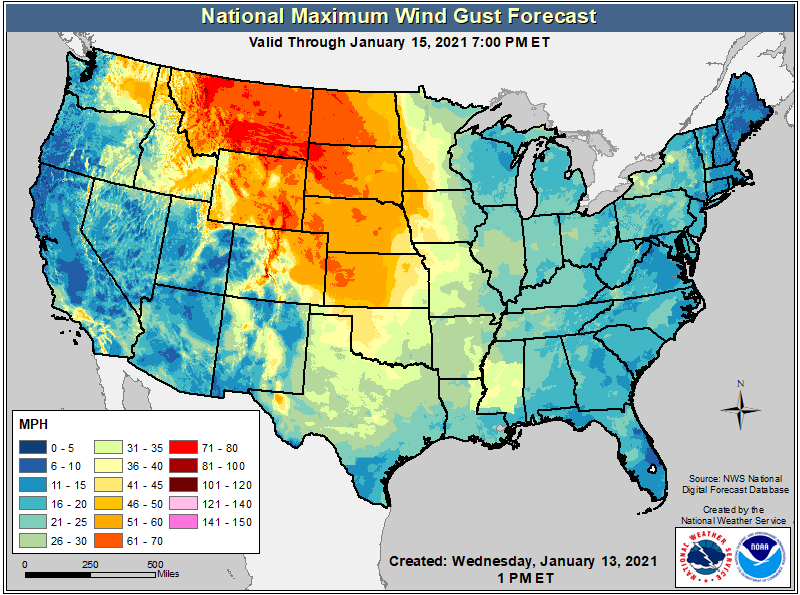 Severe winds are expected in the orange and red areas today. Image: NWS