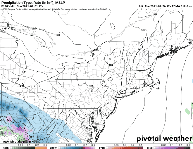 Animated loop showing a simulated RADAR view using ECMWF forecast data of a storm expected in the Mid Atlantic and New England beginning Sunday. Image: pivotalweather.com