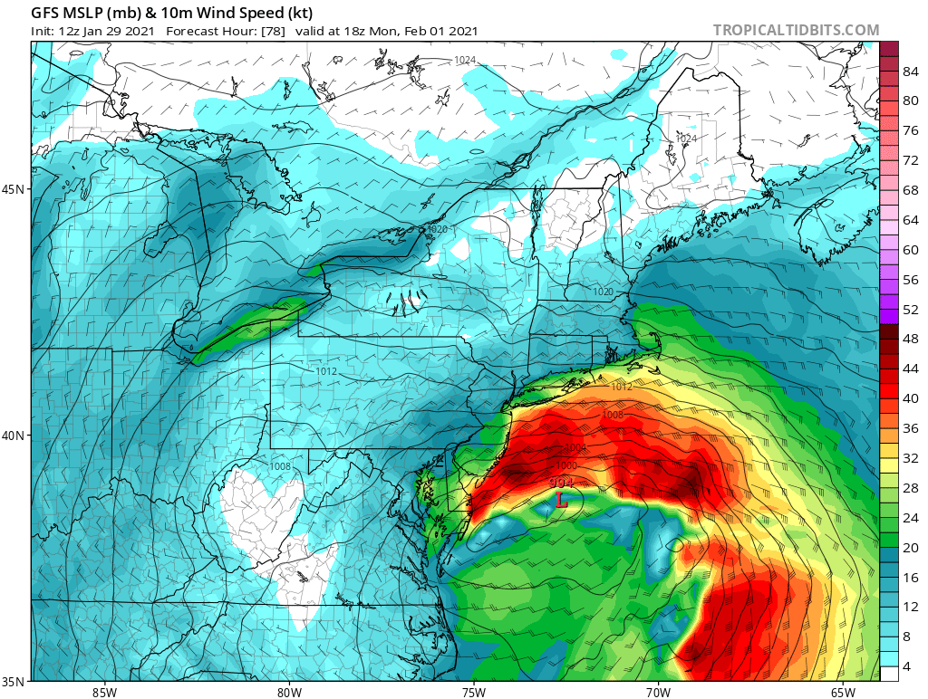 Strong winds above the surface have been modeled for this storm. If those strong winds come to fruition, mix down to the surface, and persist for 3 or more hours, blizzard criteria could be met.  Image: tropicaltidbits.com