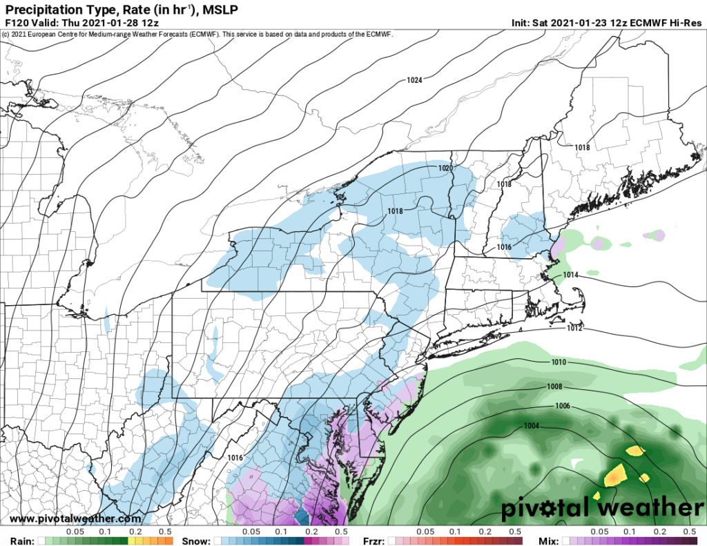 The ECMWF model is a bit less impressive than the GFS for the Friday storm, and with marginal temperatures for snow, it has a mixed bag of precipitation as far north as the New York City metro area at the height of the storm. Image: pivotalweather.com