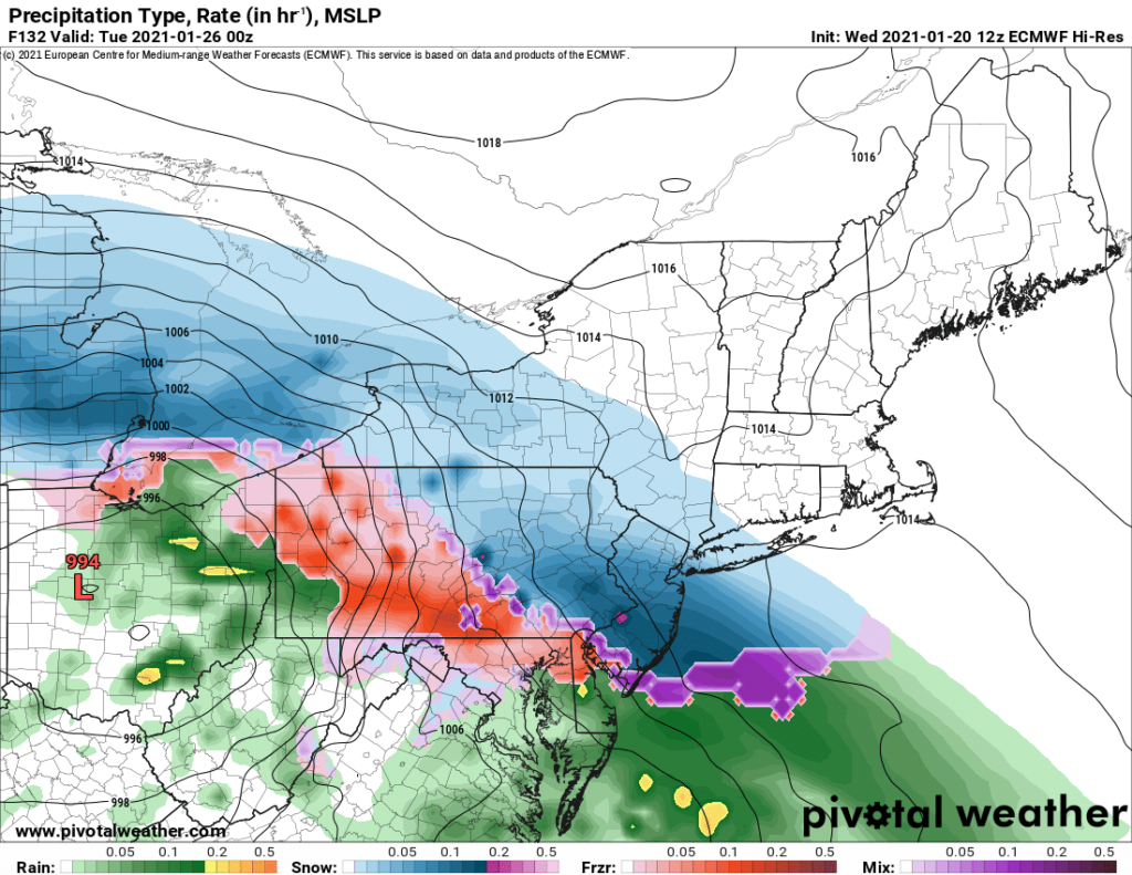 The European ECMWF forecast model suggests accumulating snow will impact portions of the Mid Atlantic and Northeast next week. Image: pivotalweather.com
