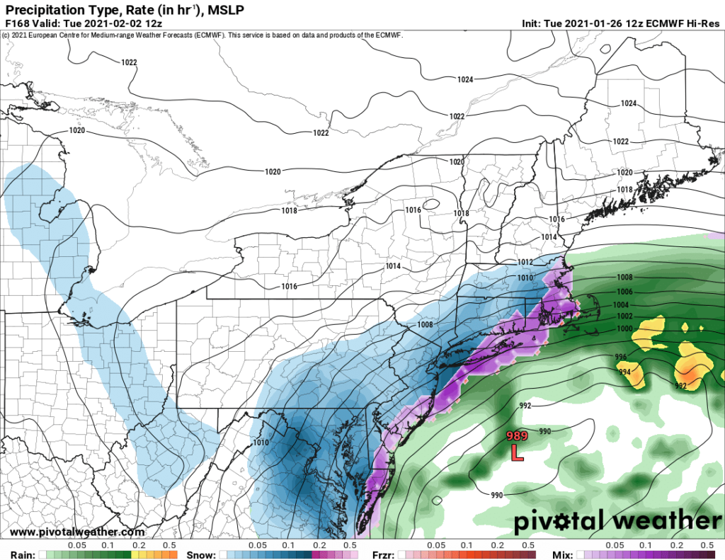 The afternoon run of the European ECMWF forecast model depicts a significant east coast winter storm on Sunday. Image: pivotalweather.com