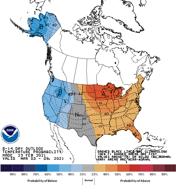 The latest outlook from the National Weather Service's Climate Prediction Center suggests the eastern 2/3 of the country will see above normal temperatures for the next 2 weeks. Image: NWS