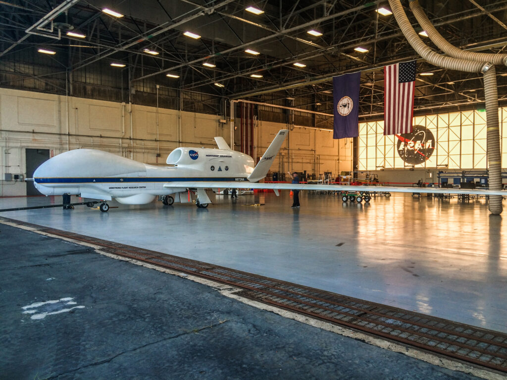 NASA’s AV-6 Global Hawk high altitude, long endurance unmanned aircraft is readied for a NOAA mission at the NASA Wallops spaceport in Virginia. Image: David Fratello / NOAA